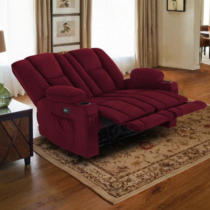 Electric Reclining Loveseat Sofa with Heat and Massage, Cup Holders, USB Charge Port, Burgundy Polyester Blend