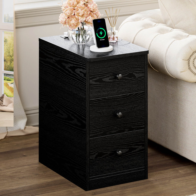 Modern Narrow Nightstand With Charging Station - 3-Drawer Storage, Black
