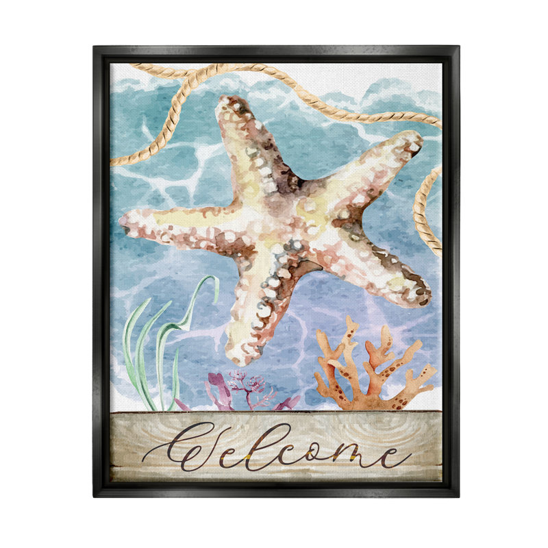 «Aquatic Beach Welcome Starfish Floater», art mural par ND Art, H 31 po x l 25 po x P 1,7 po, Cadre flottant noir de jais