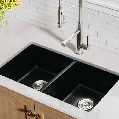 32" X 18" Double Bowl Undermount Kitchen Sink - Black Quartz, Sound Absorbing, Heat , Stainproof, Scratch Rust Basket Strainer For Effortless Liquid Flow Quartz X Dampening, Stain & Proof, Hassle-