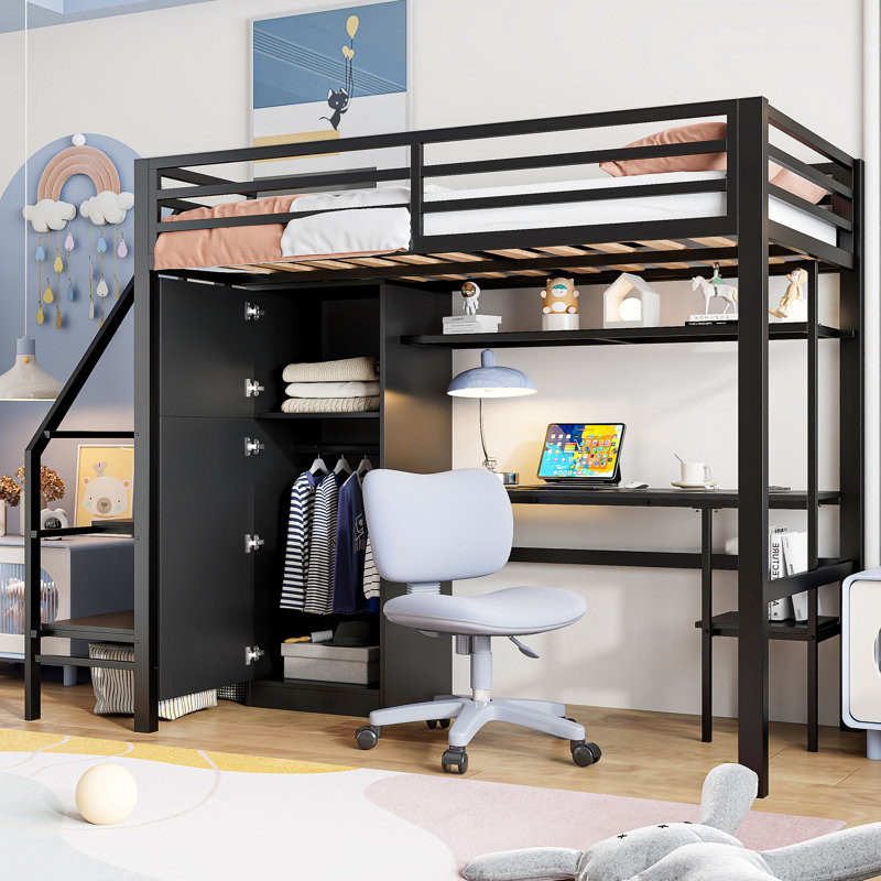 Lit mezzanine en métal avec garde-robe, bureau et étagère de rangement ouverte, Noir