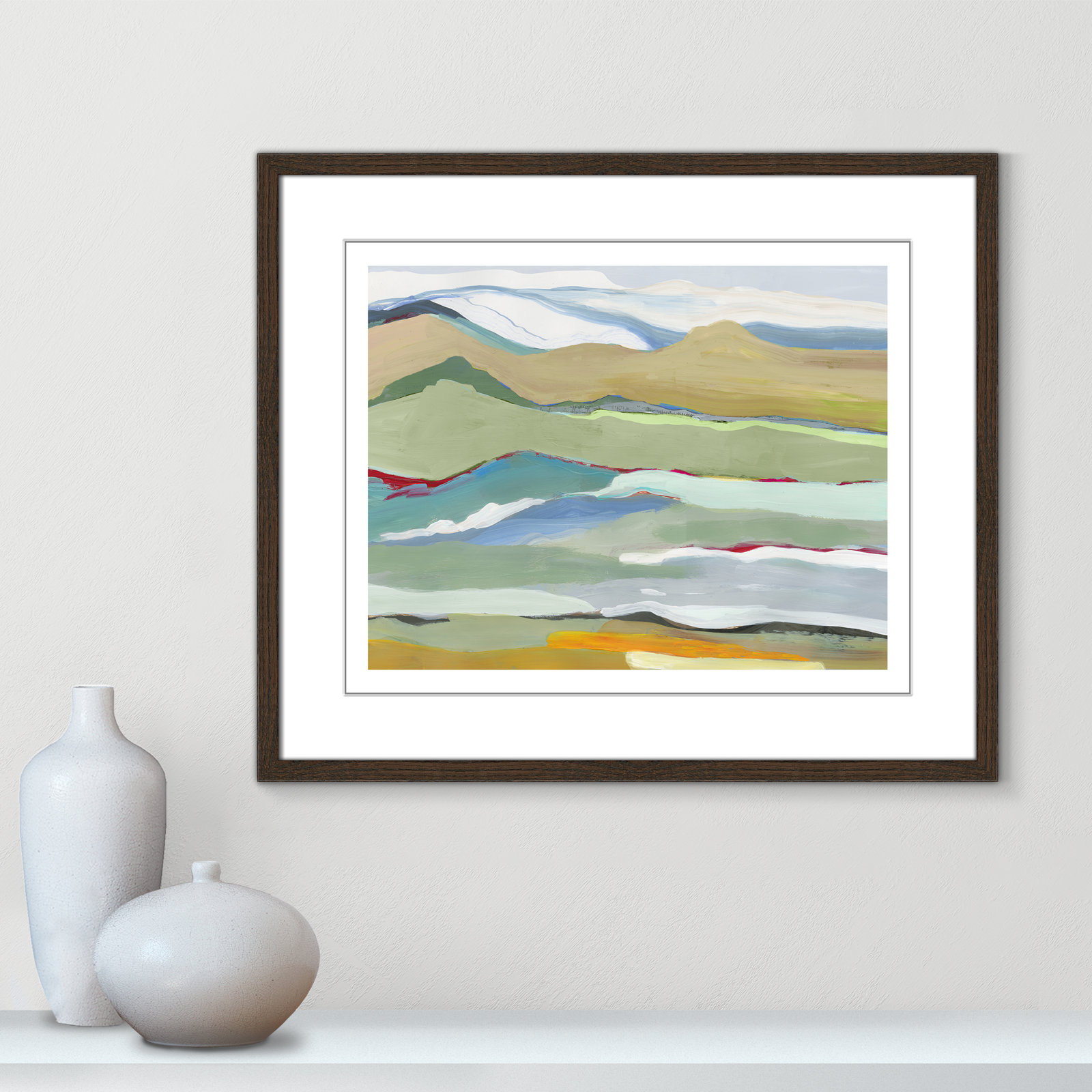 Dee "Goodbye Summer on the Hills" Painting, 21.5" H x 25.5" W x 0.75" D, Walnut Wood Framed