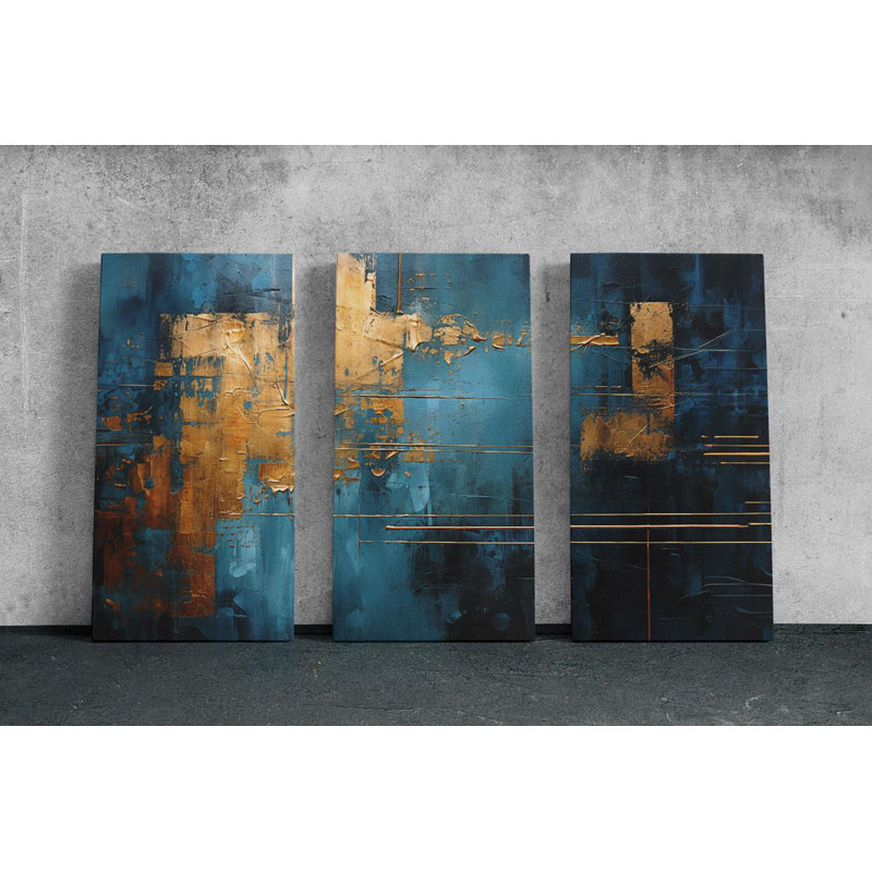 Art mural sur toile Triptych - Reproduction d'art sur toile Triptych abstraite de luxe - Peinture texturée bleue et dorée - Grande décoration murale moderne - Conception géométrique élégante, reproduction de peinture