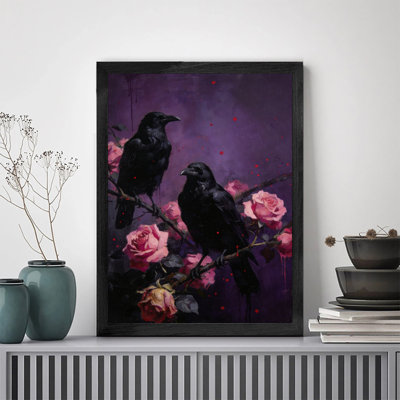 Reproduction d'art encadré noir et noir rétro Raven and Roses