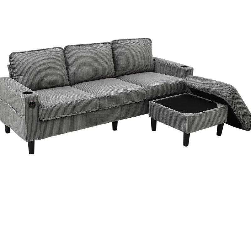 Gray 3, rangement, repose-pieds, porto, conception américaine, canapé modulaire traditionnel à assise mi-moelleuse avec revêtement en lin, chargement, porte-gobelets porte-revues - structure en bois de pin