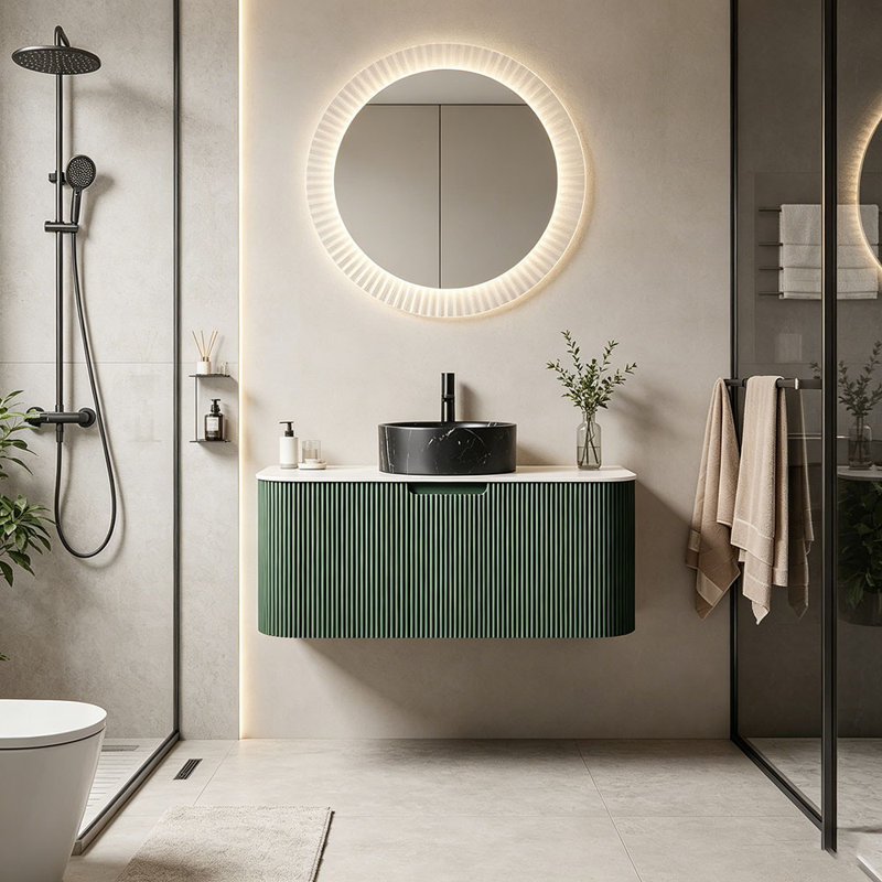 Meuble-lavabo 36 po, armoire de salle de bain en contreplaqué rayé à bords arrondis avec tiroir, lavabo rond en céramique noir mat et plateau en pierre frittée, pré-assemblé