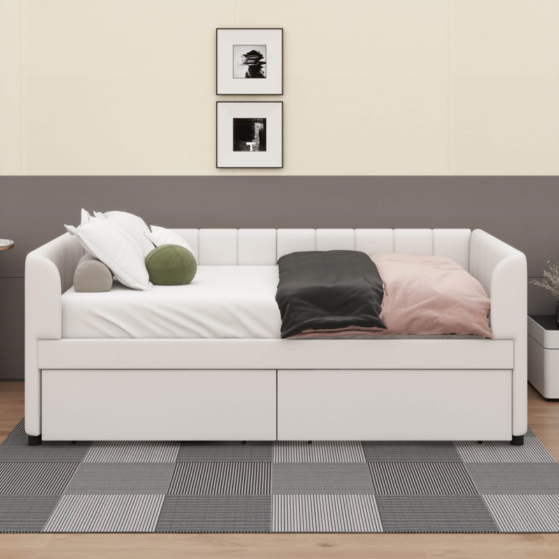 Lit de jour simple à coussin avec dossier ergonomique et 2 tiroirs, Beige