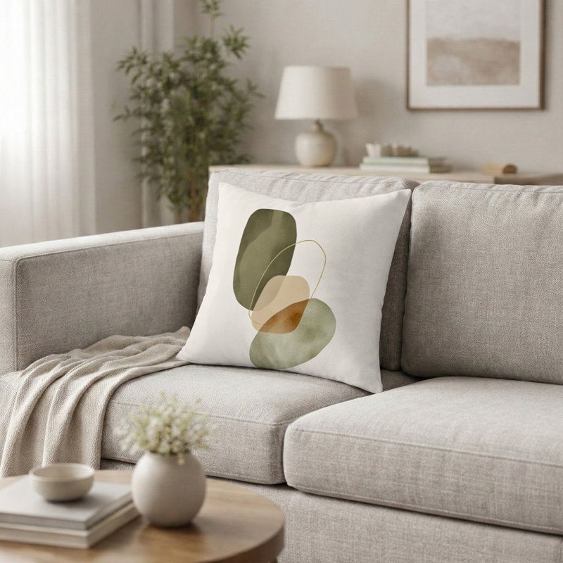 Abstract Shapes In Green And Brown Tones Accent Pillow - Midcentury Modern Printed Throw Pillow, 18"H x 18"W