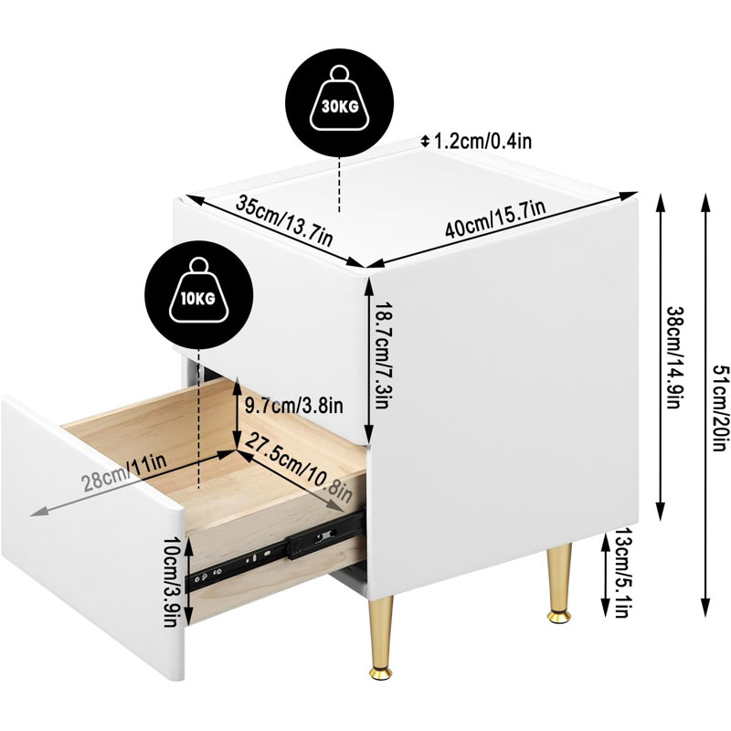 Ballone 2 Drawer Bedside Table, White/Golden