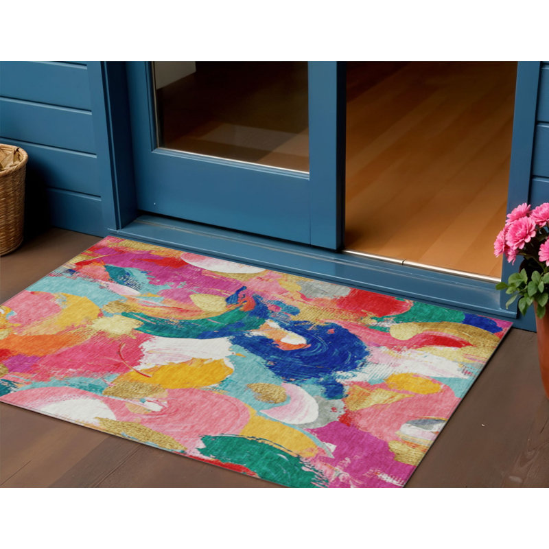 Tapis intérieur lavable abstrait 3 pi x 5 pi doré et bleu sarcelle