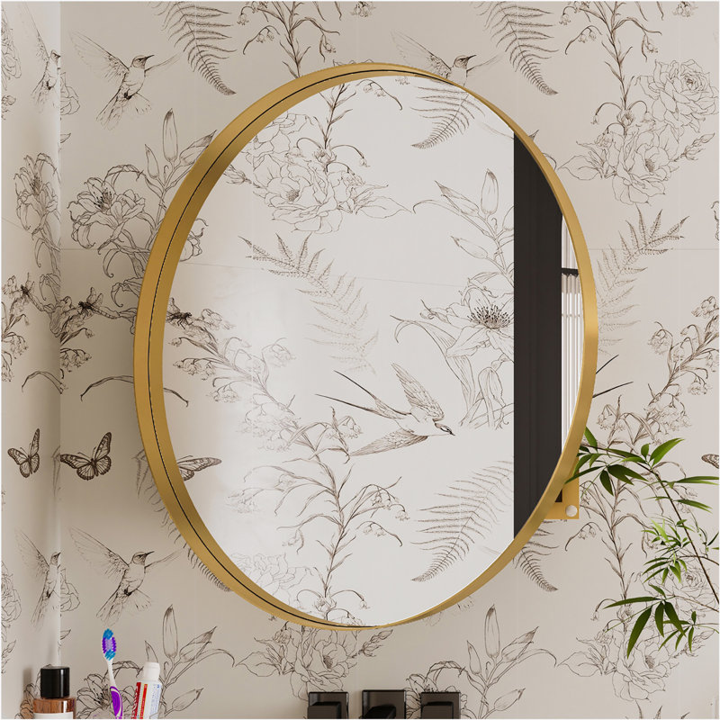 Armoire à pharmacie ronde avec cadre en métal 31,5 pouces avec miroir et tablettes réglables, Or