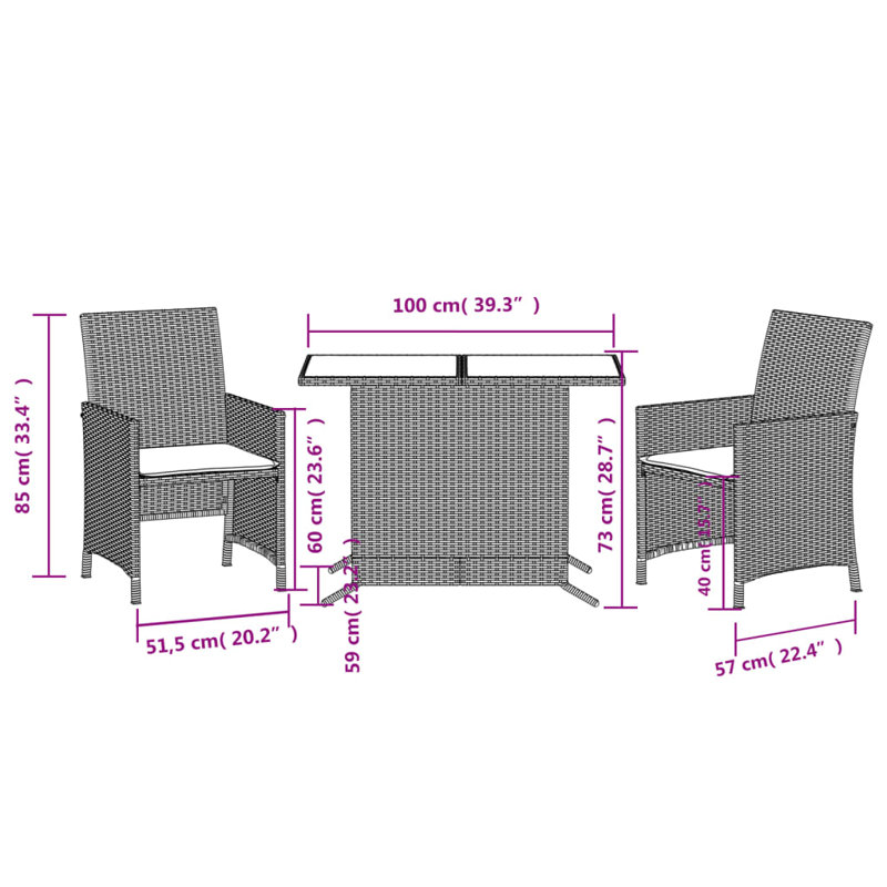 Vidaxl 3 Piece Bistro Set With Cushions Poly Rattan, Beige/Cream White/Black