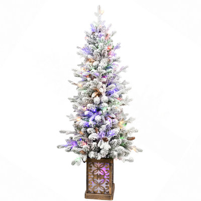 Arbre de Noël 4 pi avec lumières à DEL multicolores, 396 pointes, base scintillante, 100 lumières, extrémités en PE / PVC avec pommes de pin, vasque colorée illuminée, décoration des Fêtes facile à assembler