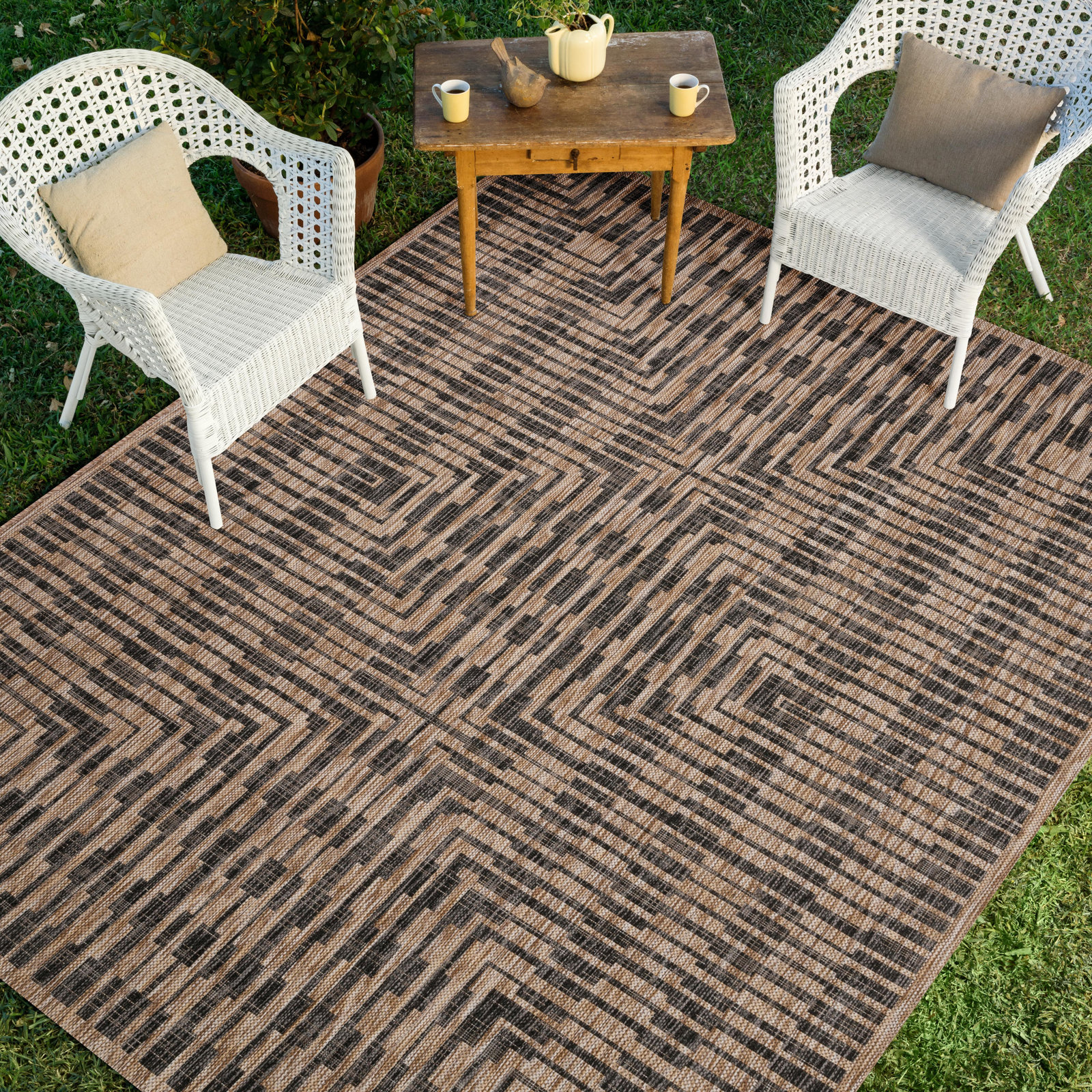 Tiza Brown Black Geometric Outdoor Rug, Rectangle 7'10" x 10'9"