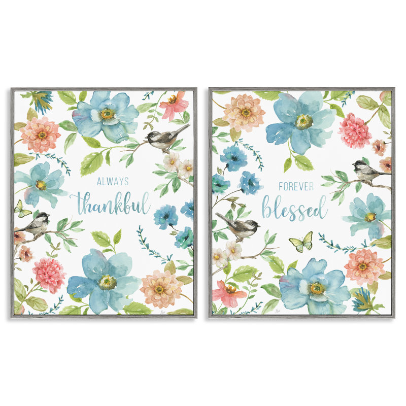 Ensemble de 2 giclées encadrées roses et bleues Gratitude Blooms, design par Nan, H 20 po x l 16 po