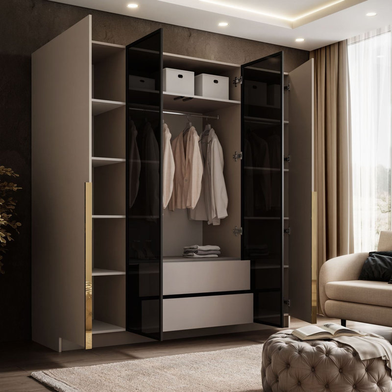4 Door Wardrobe, Edge handles in gold chrome color