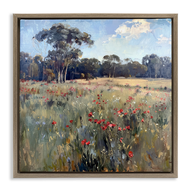 «Poppies in Vast Field», art mural sur toile flottante par Raymond Powers, H 25 po x l 25 po, Cadre flottant orme Montalcino