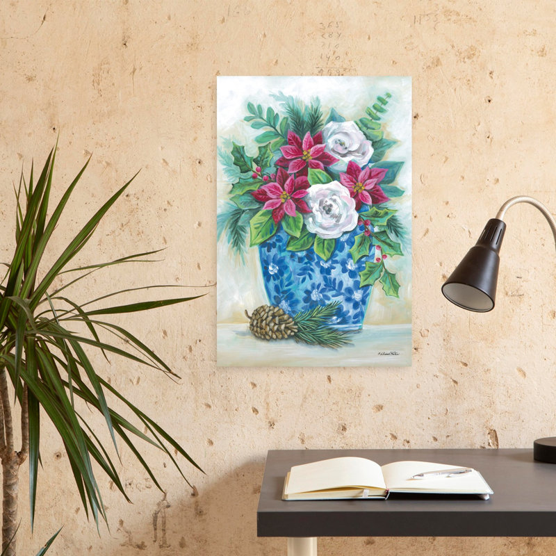Jardinière de Noël, pin contemporain, poinsettia, art floral hivernal, H 24 po x l 16 po