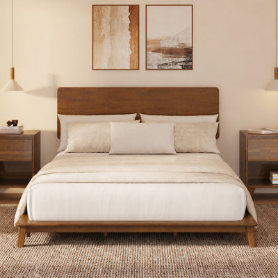 Lit japonais Queen, cadre de lit plateforme en bois d'hévéa massif avec sommier flottant discret, étagère de rangement et station de recharge intégrées, montage sans outil, style scandinave-japonais, chêne naturel