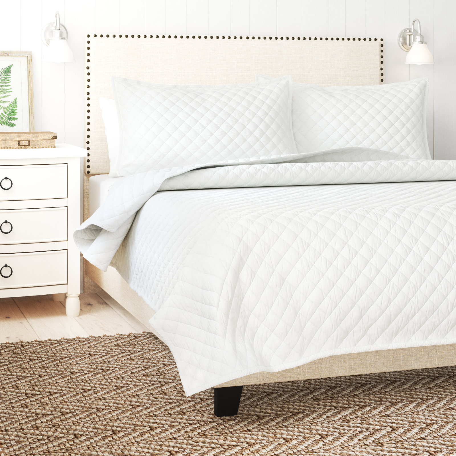 Gabriella Belgian Flax Linen Quilt Set, Queen Duvet Cover + 2 Shams, White