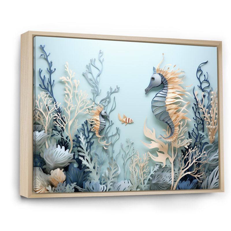 Collage dansant bleu et blanc avec des dragons de mer - Décoration murale plage et océan, Cadre naturel flottant