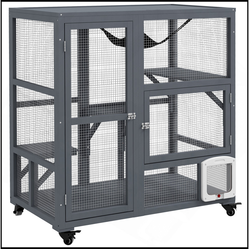 Maison pour chat, cage intérieure pour chat sur roulettes, cage pour chat en bois avec porte à rabat, hamac à plateforme et plateau ouvert pour 2 chats, 39 po