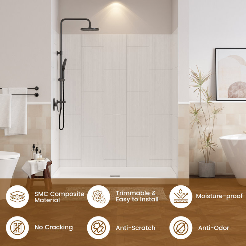 60"W 75/96"H Glue Up SMC Shower & Tub Wall Panel Surround,0.138 Thick,Cuttable,Quick Install, 75" H x 60" W x 0.14" D