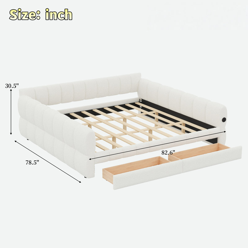 Upholstered Daybed With Usb And 2 Drawers, White