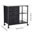 Classeur mobile avec 3 tiroirs et 2 tablettes ouvertes en noir, parfait pour catégoriser les petits articles de bureau, étagères en tissu noir non tissé à structure stable, fournitures de rangement faciles à déplacer, grattoir