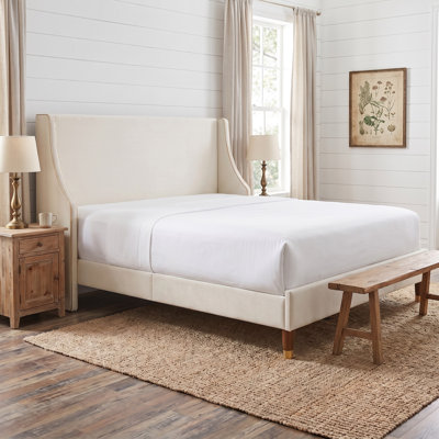 Melaya Elegant Wingback Upholstered Platform Bed Frame – Luxurious Design with Gold Piping, Sturdy Support, and Easy Assembly