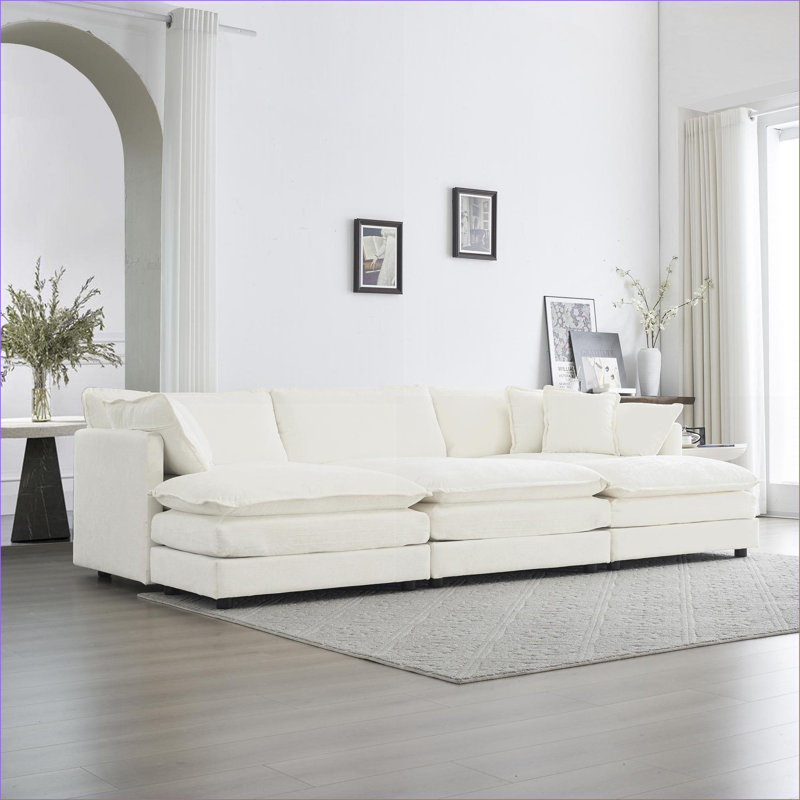 Jeffers Chenille Fabric Upholstered 4-Piece Sectional Sofa, White Chenille, 33" H x 111.42" W x 57.4" D