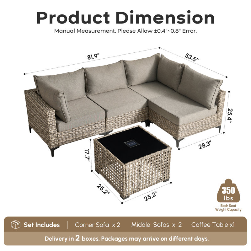 Sorella 5-Piece Outdoor Patio Furniture Set With Wicker Sectional Sofa & Lighted Coffee Table, Modern Patio Conversation Set For Porch, Deck & Backyard