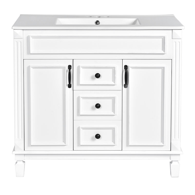 Meuble-lavabo 36 po avec lavabo supérieur, armoire de rangement moderne avec 2 portes à fermeture douce et 2 tiroirs, meuble-lavabo simple