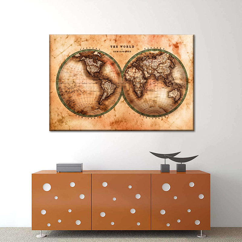 Rustic Hemispheres Map on Canvas, impression, H 8 po x l 12 po x P 1 po