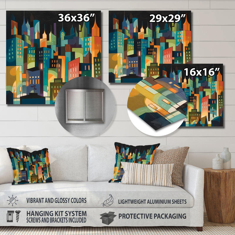 «Blue and Green Building the Cityscape» - reproduction d'art sur métal sans cadre, H 23 po x l 23 po x P 1 po