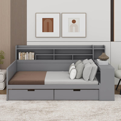 Lit de jour simple avec tablettes et tiroirs de rangement