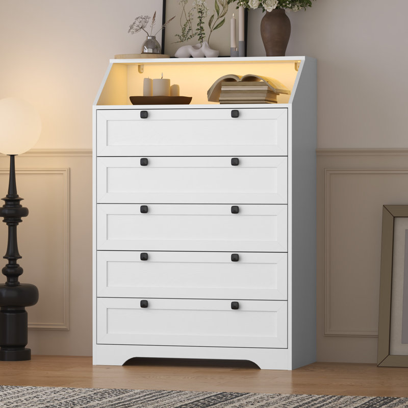 Lasheena Tall 5-Drawer Nightstand Dresser 31.5''W with Adjustable RGB Lighting & Built-in Power Outlet, Wooden Table Storge Chestt for Bedroom,Metal Handle