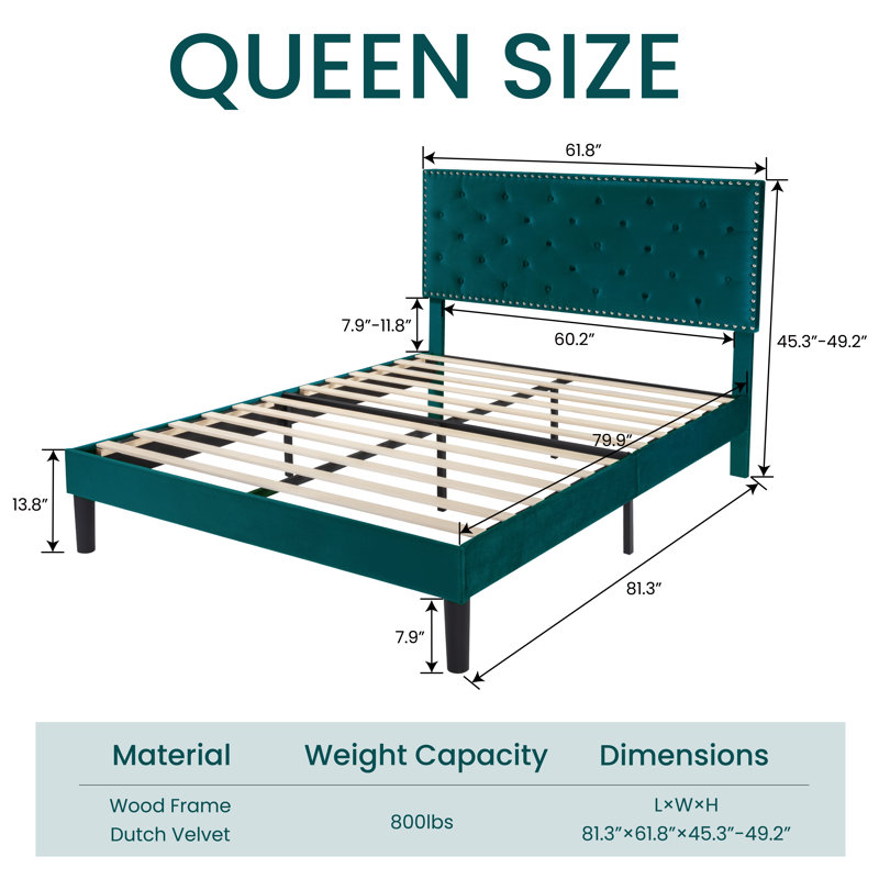 Aleiny Velvet Bed with Adjustable Upholstered Headboard, Queen, Lake Blue