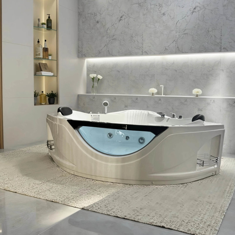59" Acrylic Corner Bathtub With 6 Massage Jets, Ul Water Pump, And Drain, Creating A Luxury Bathroom Experience Lights, Saving Space Offering Tranquil Bathing