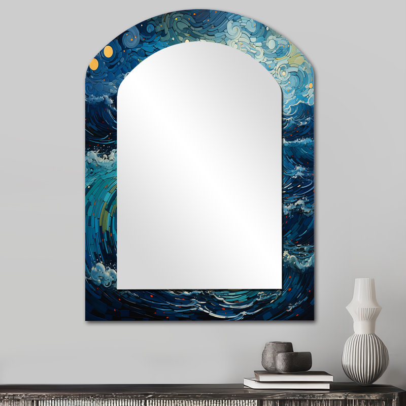 Bleu sarcelle jaune océan côtier Serenade pointillisme I - miroir arqué océan, miroir mural asymétrique unique bleu sarcelle, impression d'art en métal