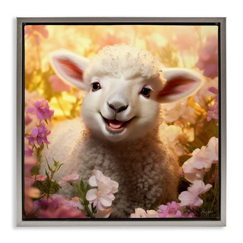 Agneau dans un pré fleuri, Cadre flottant gris lustré, H 25 po x l 25 po