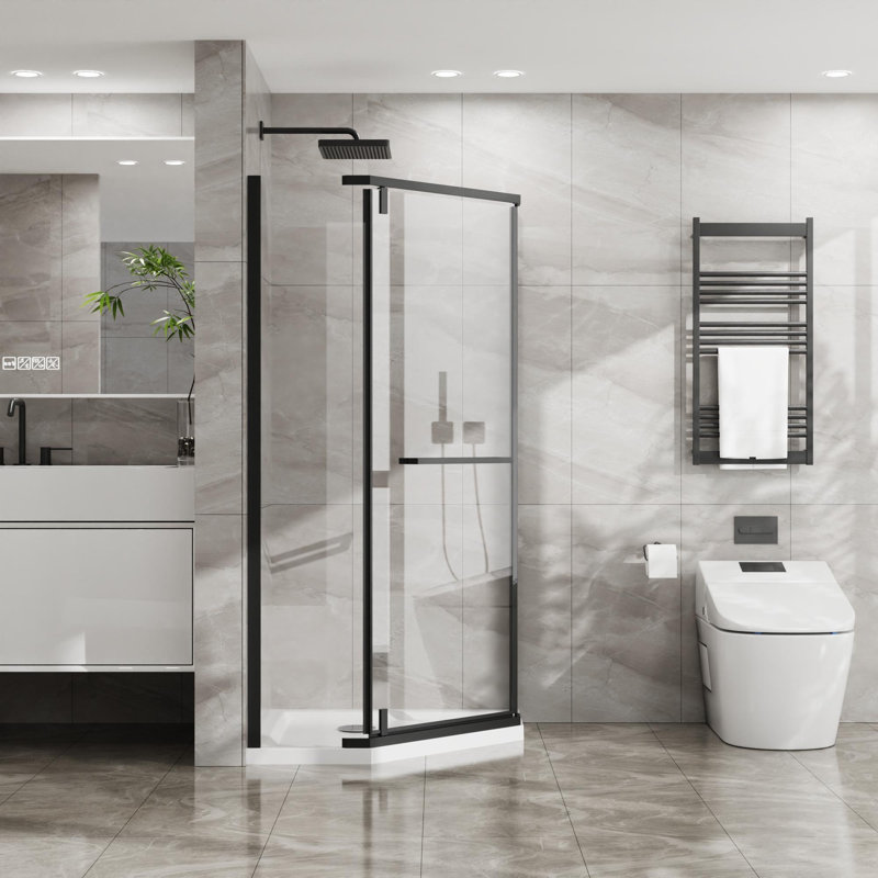 36"D x 36"W x 72"H Corner Frameless Shower Door, Black