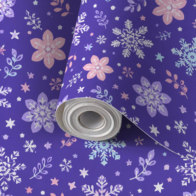 Family Renter Friendly Peel and Stick Wallpaper Roll Snowflake Floral Whimsical Scandinavian Purple Pastel, Residue Free Removable Self Adhesive Wall Covering for Living Room Bedroom Kitchen Accent Wall