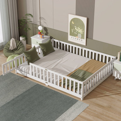Queen Size Floor Bed Frame With Fence,Door,Rubber Wooden Frame Material Floor Bed Frame With Safety Guardrails