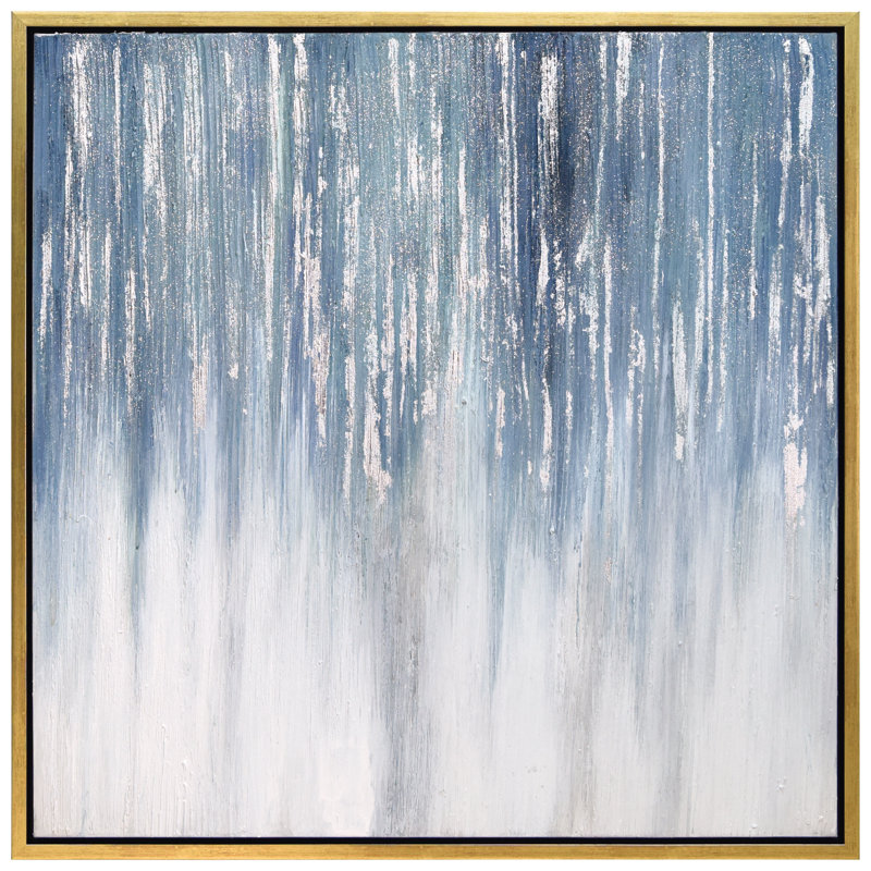 Frozen Rain Blue and Gray Abstract Canvas Art with Gold Frame