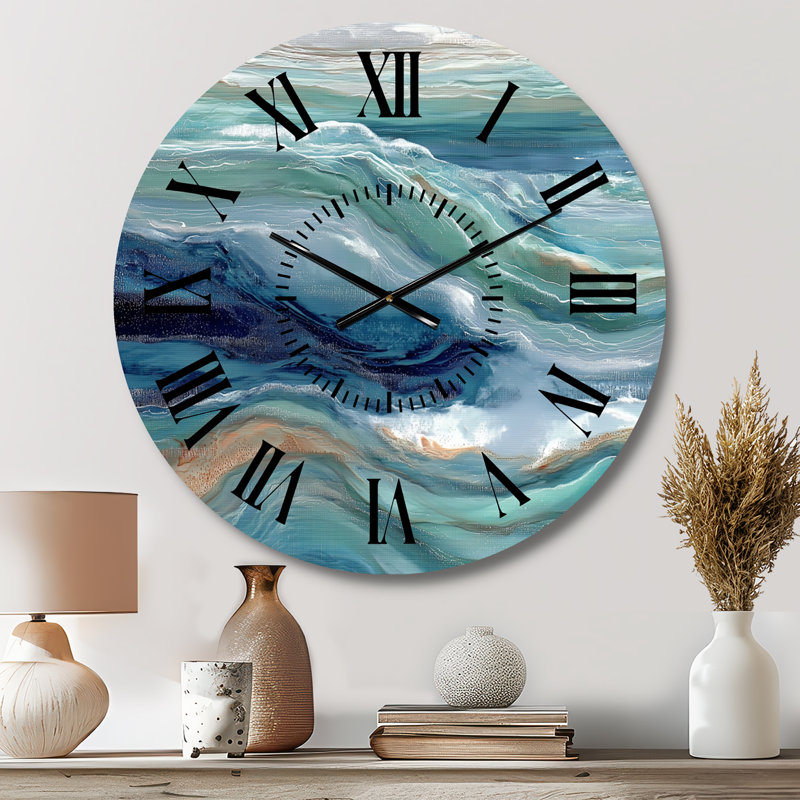 Horloge murale ronde en métal à motif nautique, inspirée d'une rivière liquide abstraite verte, Médium