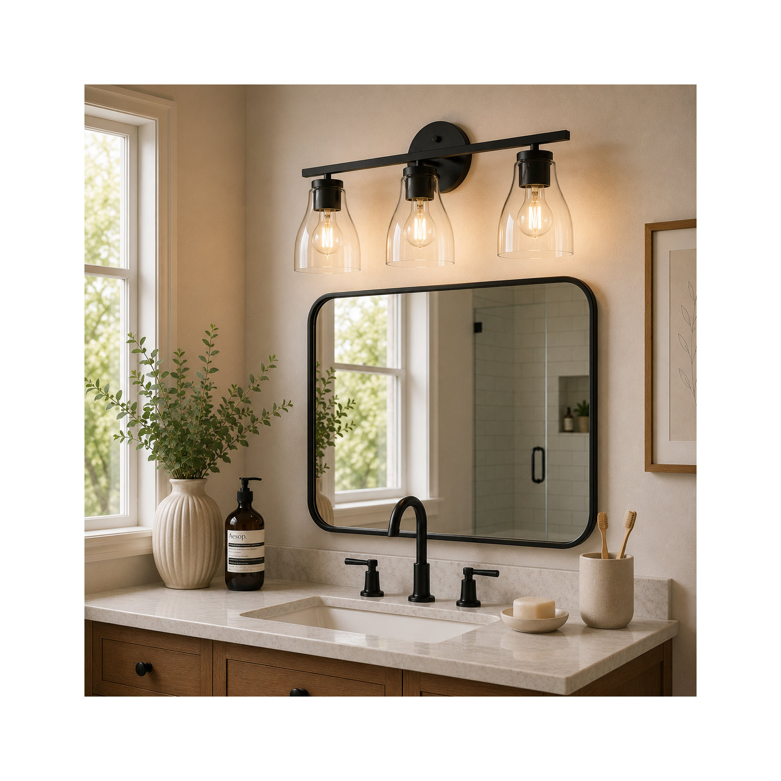Modern Clear Glass Shade Vanity Wall Light With Steel Frame, Matte Black, 3 Lights, 10" H x 22" W x 6.5" D
