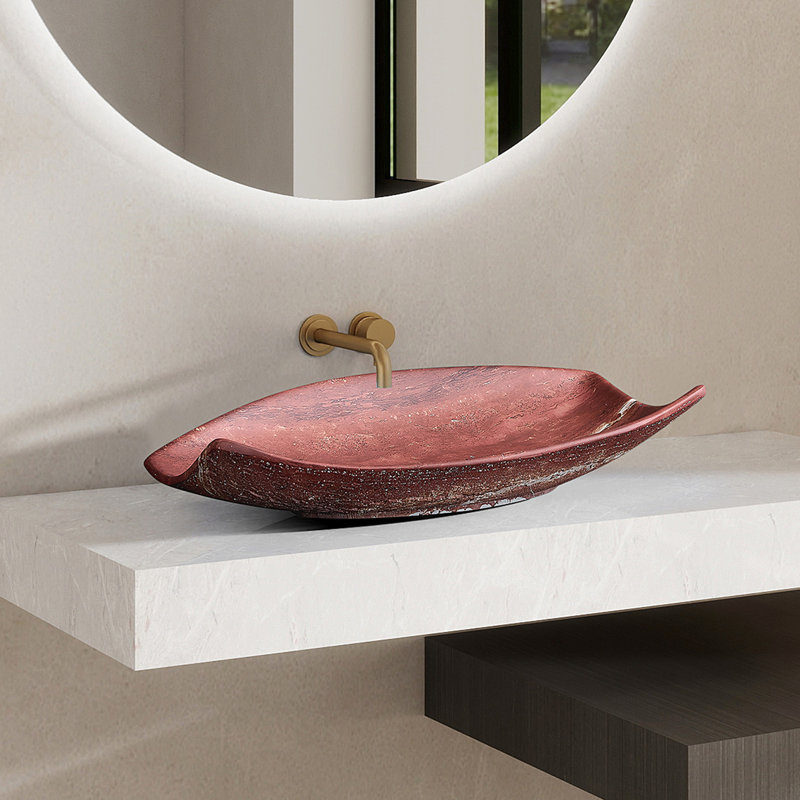 29" Stone Zen Bathroom Sink Solid Surface Vessel Basin Artistic Style Sink In Red Stone Veining, Pink