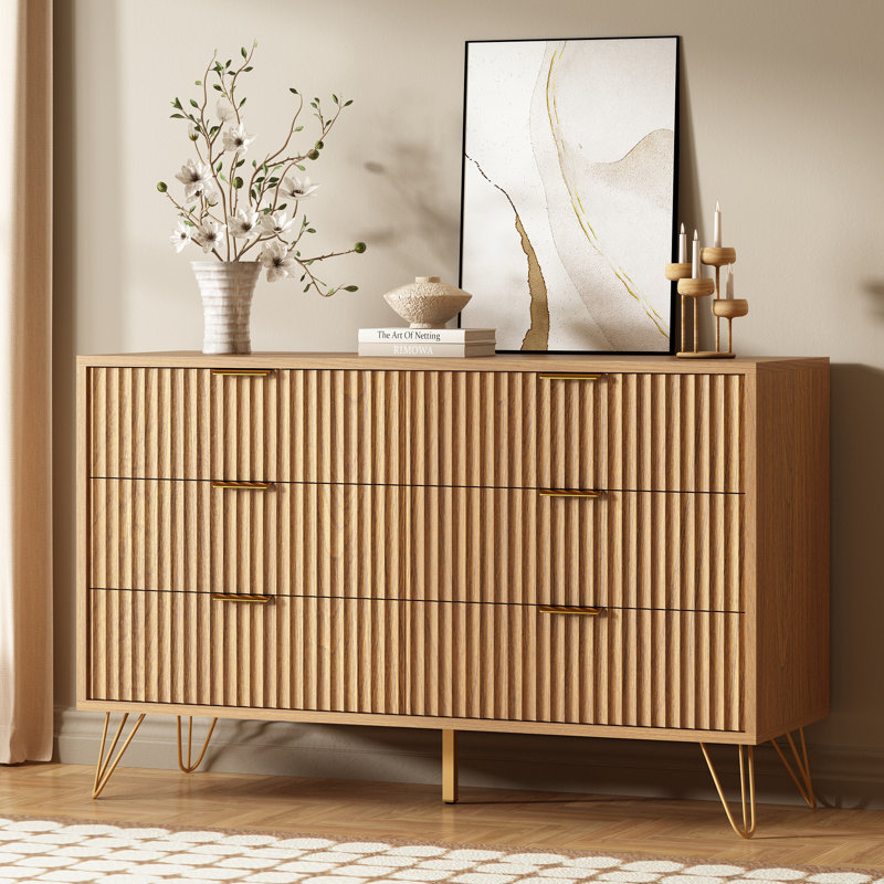 Fluted 6 - Drawer Dresser 47.2''W Wood Wide Chest Of Drawers With Metal Handle & Feet, Brown