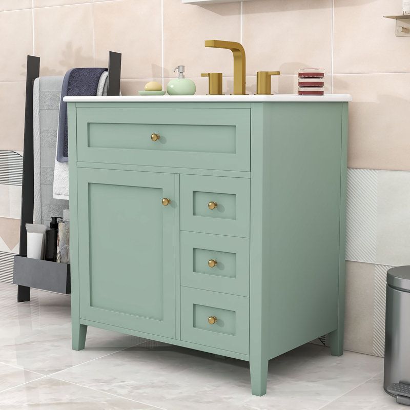 Meuble-lavabo autoportant moderne avec lavabo en céramique lisse, tablettes réglables et tiroirs de rangement, Light Green